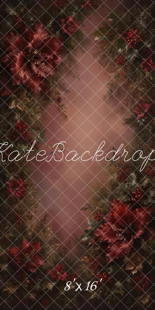 Kate Christmas Fine Art Burgundy Poinsettia Floral Printed Backdrop Designed by GQ