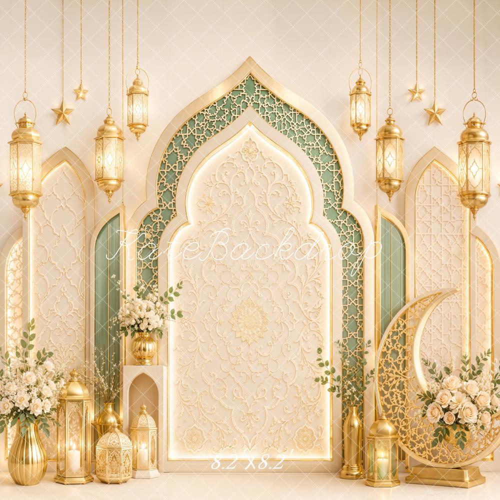 Kate Islamic Gold Arches Lanterns Crescent Moon Printed Backdrop Designed by Emetselch