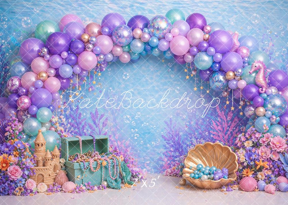 Kate Mermaid Balloon Arch Shell Sandcastle Underwater Printed Backdrop Designed by Caitlin Lynch