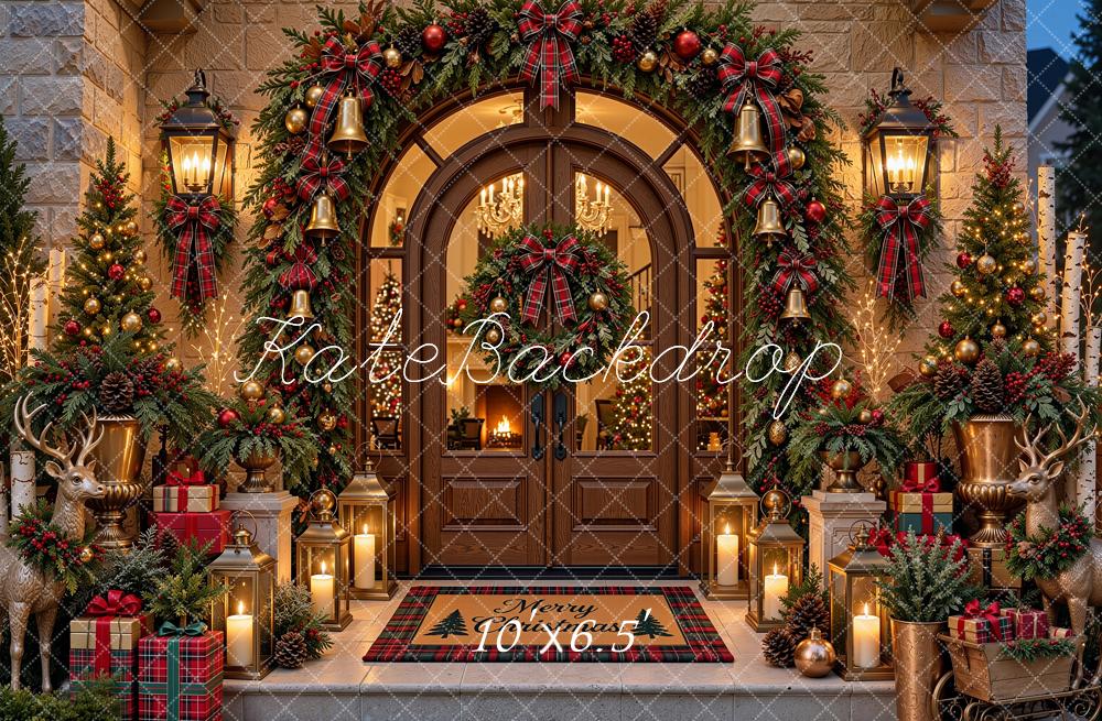 Kate Christmas Arched Doorway Garland Lanterns Brown Printed Backdrop Designed by Shutter Swan Studios