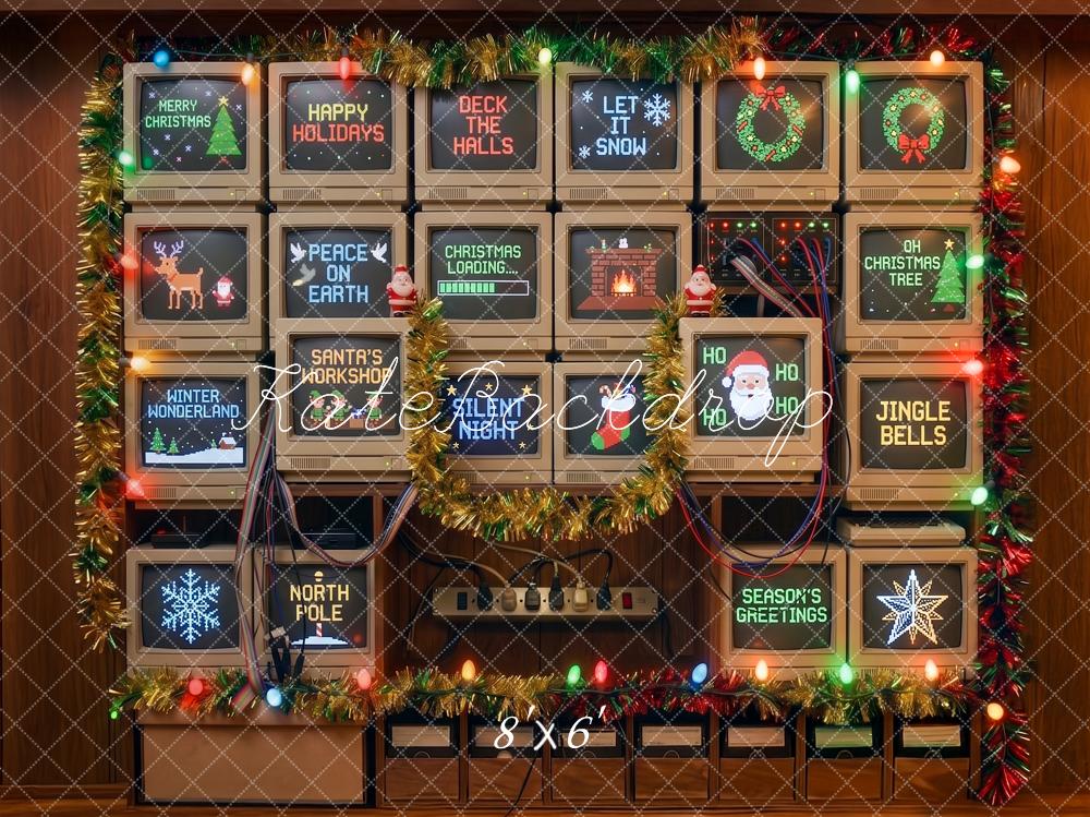 Kate 80's Digital Christmas Retro Computer Wall Holiday Lights Printed Backdrop Designed by Angela Miller