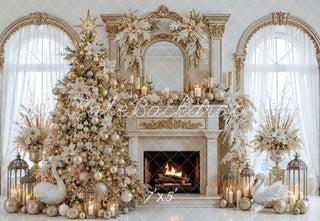 Lightning Deal Kate Christmas Tree Luxury Gold Fireplace Garland Poinsettia Printed Backdrop Designed by Mini MakeBelieve
