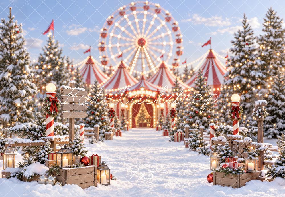 Kate Christmas Circus Ferris Wheel Snowy Trees Printed Backdrop Designed by Emetselch