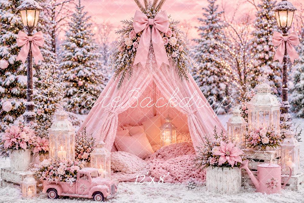 Kate Christmas Pink Floral Winter Teepee Snowy Forest Printed Backdrop Designed by Ashley Paul