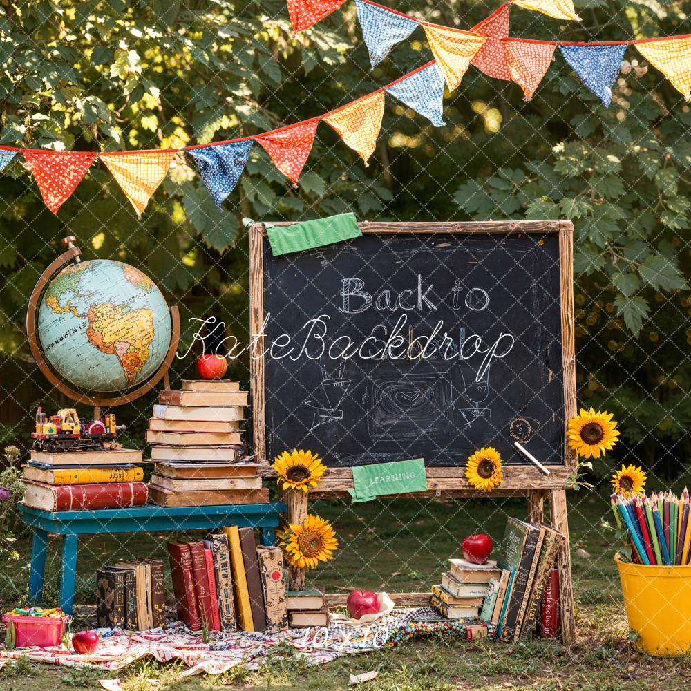 Kate Back To School Blackboard Books Globe Garden Sunflowers Backdrop Designed by Emetselch