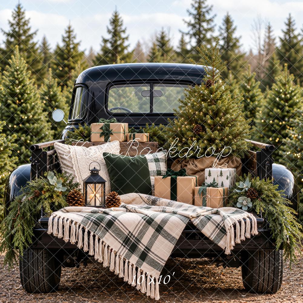 Kate Christmas Forest Vintage Black Truck Gifts Plaid Blanket Printed Backdrop Designed by Emetselch
