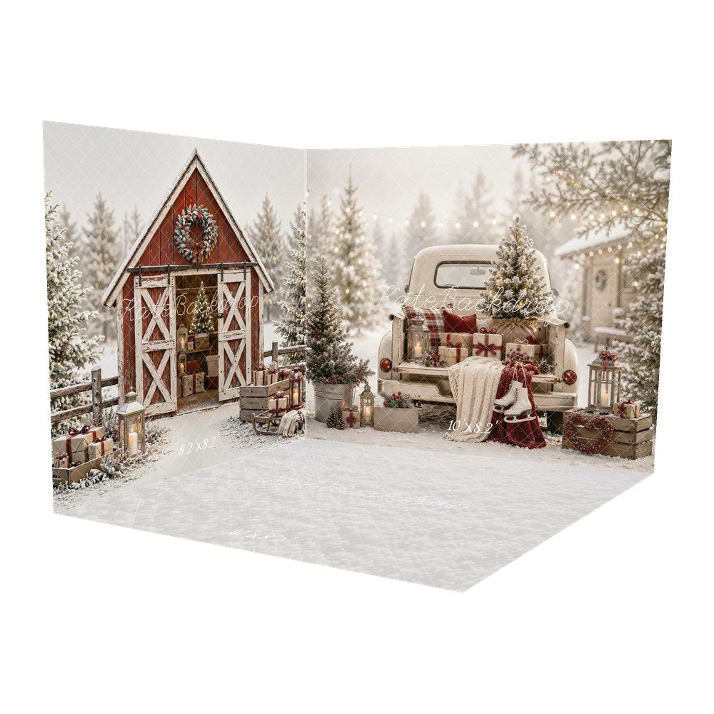 Kate Christmas Vintage White Pickup Truck Tree Gifts Ice Skates Snow Printed Backdrop Room Set