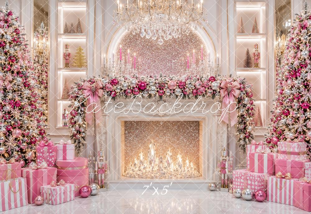 Kate Christmas Luxury Pink Fireplace Chandelier Trees Presents Printed Backdrop Designed by Ashley Paul