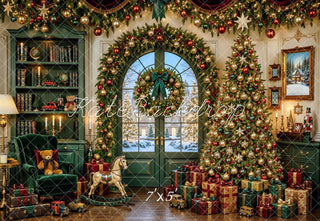 Kate Christmas Tree Green Bookcase Gifts Wreath Toys Printed Backdrop Designed by Mini MakeBelieve