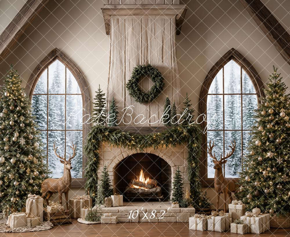 Kate Christmas Fireplace Reindeer Trees Garland Window Presents Printed Backdrop Designed by Emetselch