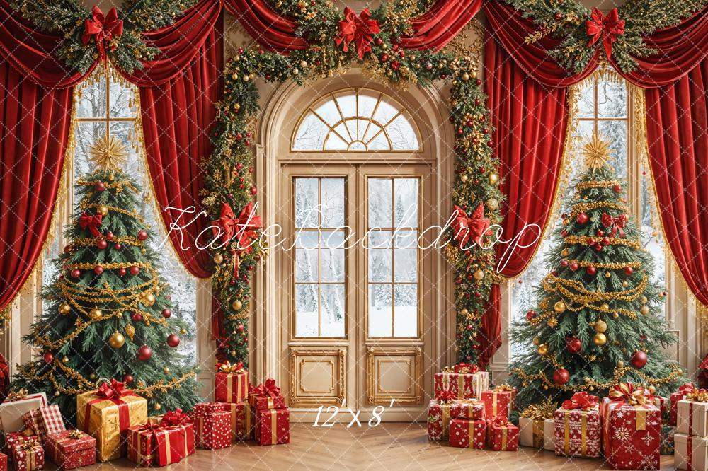 Kate Christmas Tree Red Curtain Arched Door Backdrop Designed by Emetselch