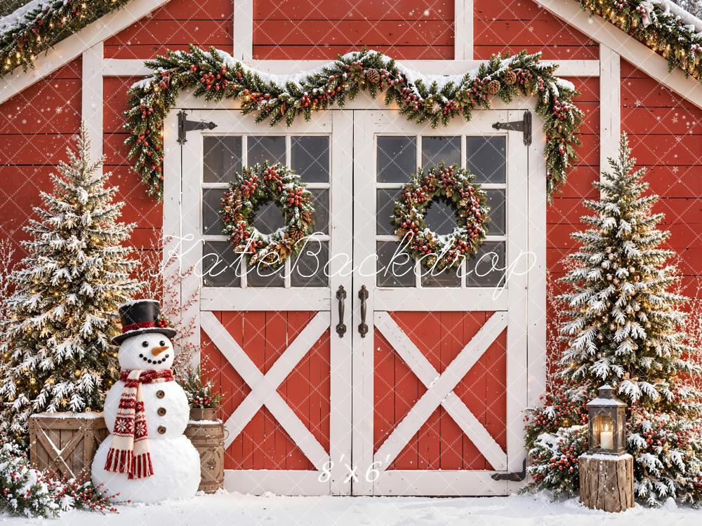 Kate Christmas Red Barn Snowman Pine Trees Printed Backdrop Designed by Emetselch