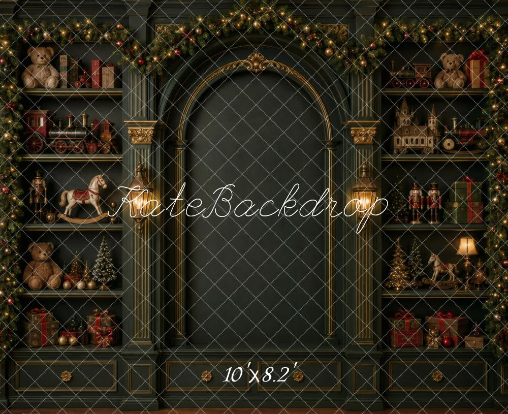 Kate Christmas Green Arch Garland Toy Shelves Printed Backdrop Designed by Vertigo Productions