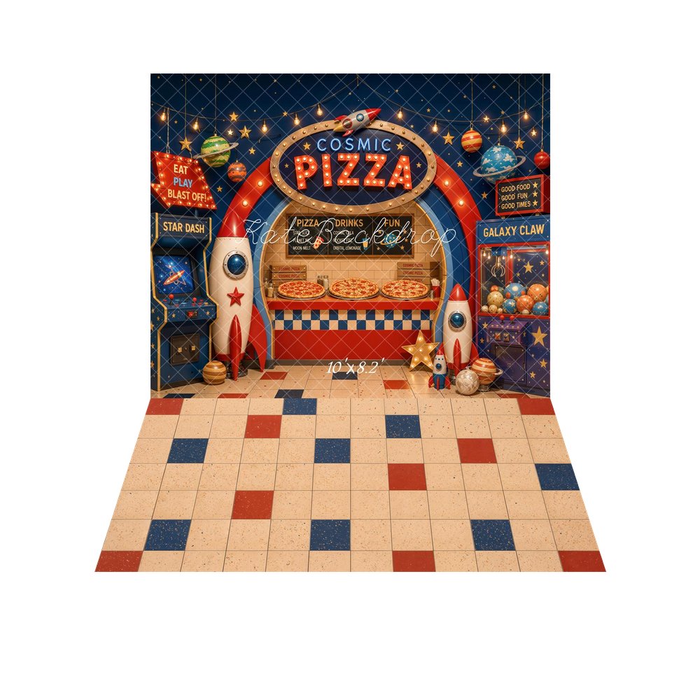 Kate Space Pizza Shop Arcade Rockets Claw Machine Planets Printed Backdrop+Checkerboard Beige Red Blue Tiles Floor Printed Backdrop