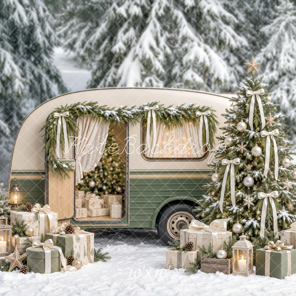 Kate Christmas Vintage Camper Tree Bows Snowy Forest Presents Printed Backdrop Designed by Emetselch