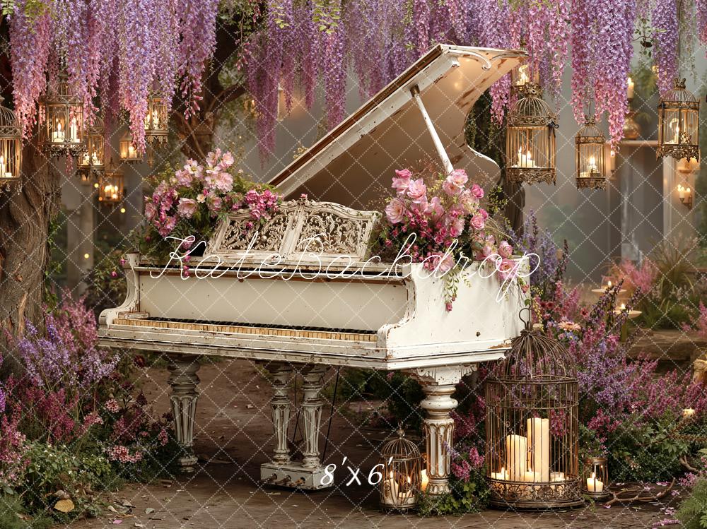 Kate Floral White Piano With Hanging Lanterns And Wisteria Backdrop Designed by Emetselch