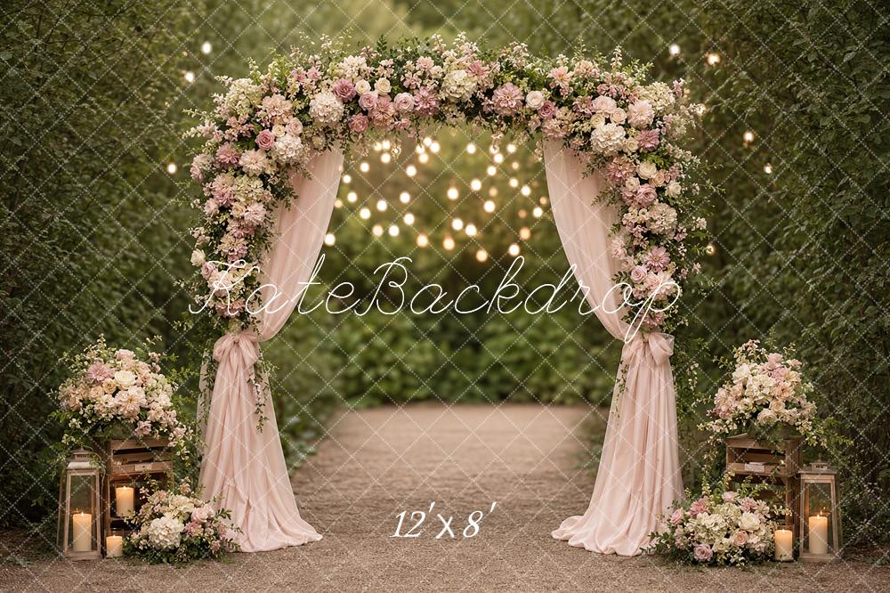 Kate Wedding Romantic Garden Flower Arch Drapes String Lights Printed Backdrop Designed by Angela Miller
