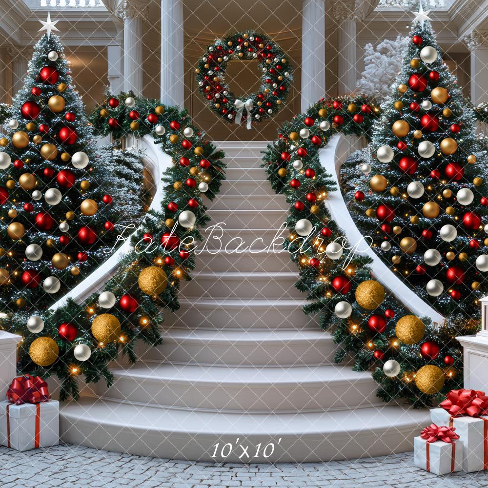 Guirnalda de Árboles de Navidad en Escaleras en Cascada de Kate Fondo Diseñado por Mini MakeBelieve