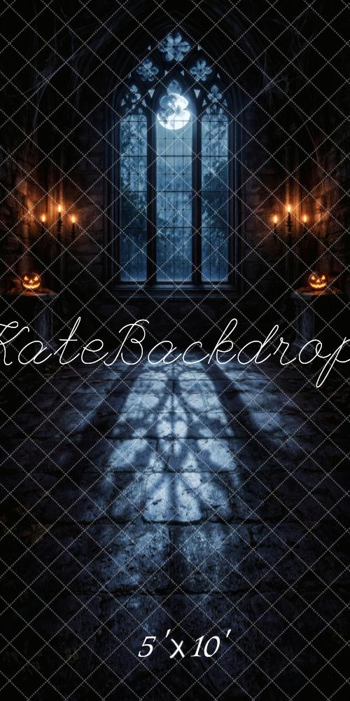 Kate Sweep Halloween Gothic Castle Window Pumpkin Candlelight Printed Backdrop Designed by Vertigo Productions