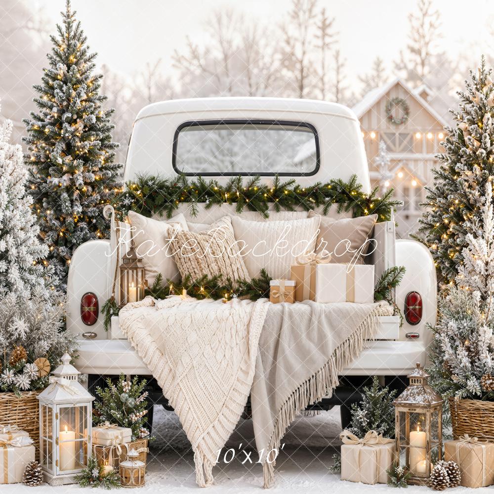 Kate Christmas Vintage White Truck Snowy Trees Blankets Printed Backdrop Designed by Emetselch