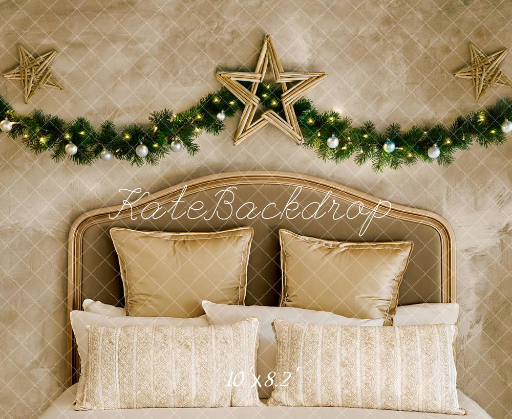 Kate Christmas Headboard Beige Bedroom Garland Star Printed Backdrop Designed by Fantasyphotoart