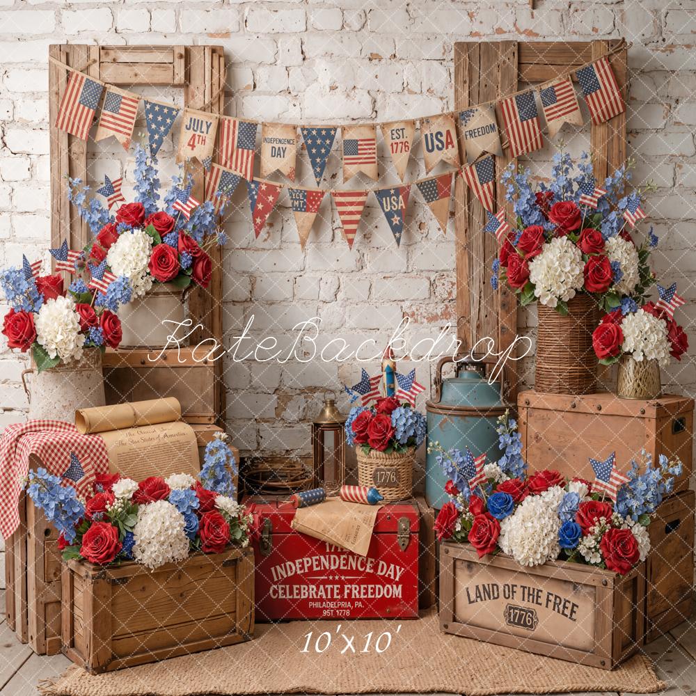 Kate Fourth of July Patriotic Crates Flowers Flags Printed Backdrop Designed by Emetselch