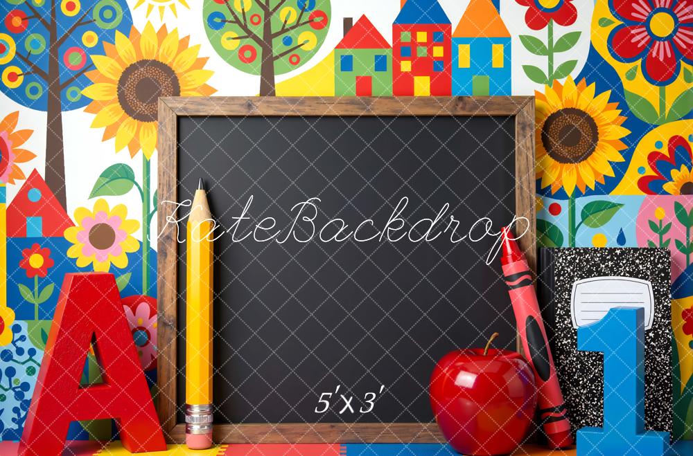 Kate Back to School Chalkboard Colorful Houses Sunflowers Backdrop Designed by Mini MakeBelieve