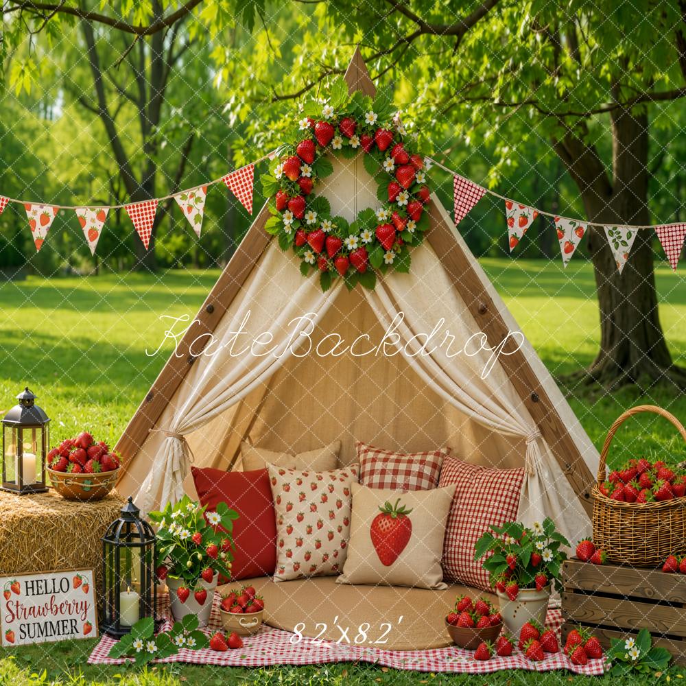 Kate Summer Strawberry Tent Picnic Wreath Forest Printed Backdrop Designed by Emetselch