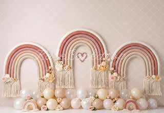 Kate Cake Smash Boho Blush Macrame Rainbow Balloons Printed Backdrop Designed by Patty Roberts