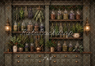 Kate Apothecary Cabinet Herbs Jars Greenery Printed Backdrop Designed by Vertigo Productions