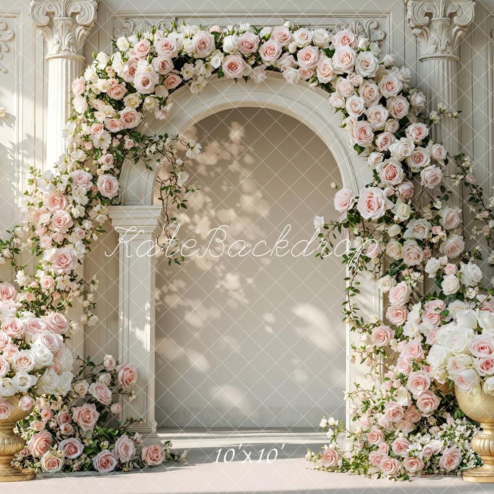 Kate Spring Flower Arch Pink White Roses Ornate Columns Printed Backdrop Designed by Mini MakeBelieve