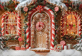 Kate Christmas Gingerbread House Porch Candy Cane Lollipops Gifts Printed Backdrop Designed by Emetselch