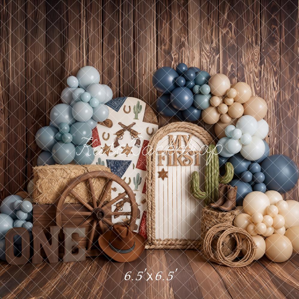 SALE Kate Western Cowboy Balloons Cactus Wagon Wheel Brown Wood Printed Backdrop Designed by Emetselch