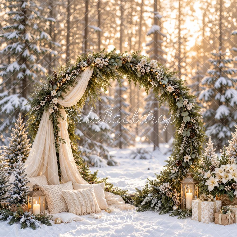 Kate Christmas Winter Circle Flower Arch Drapes Snowy Forest Printed Backdrop Designed by Emetselch