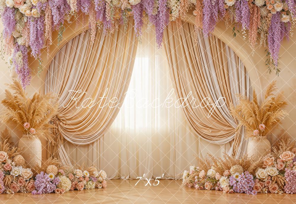 Kate Boho Flower Arch Cream Curtains Pampas Grass Floral Arrangement Backdrop Designed by Emetselch