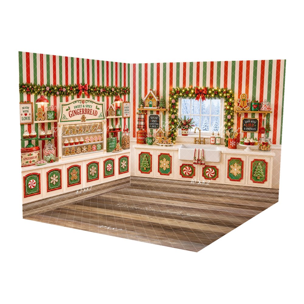 Kate Christmas Kitchen Gingerbread Cookies Peppermint Garland Printed Backdrop Room Set