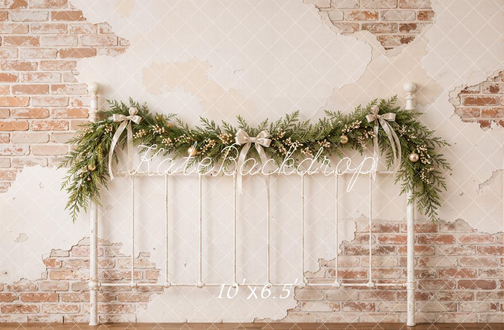 Kate Christmas Vintage Brick Wall Garland Headboard Printed Backdrop Designed by Emetselch