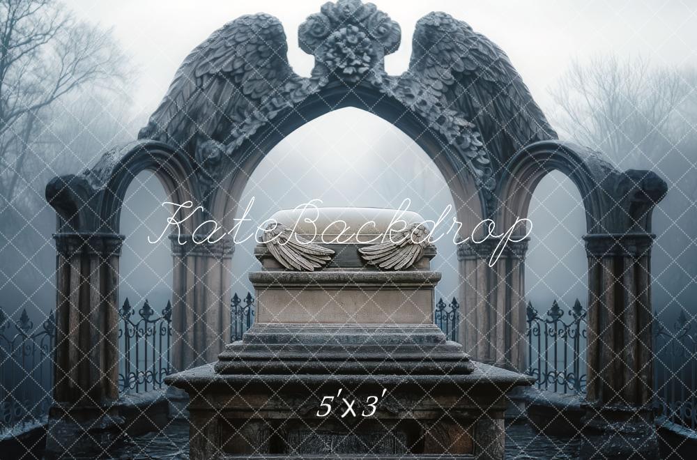 Kate Halloween Gothic Stone Arches Angel Wings Pedestal Backdrop Designed by Mini MakeBelieve