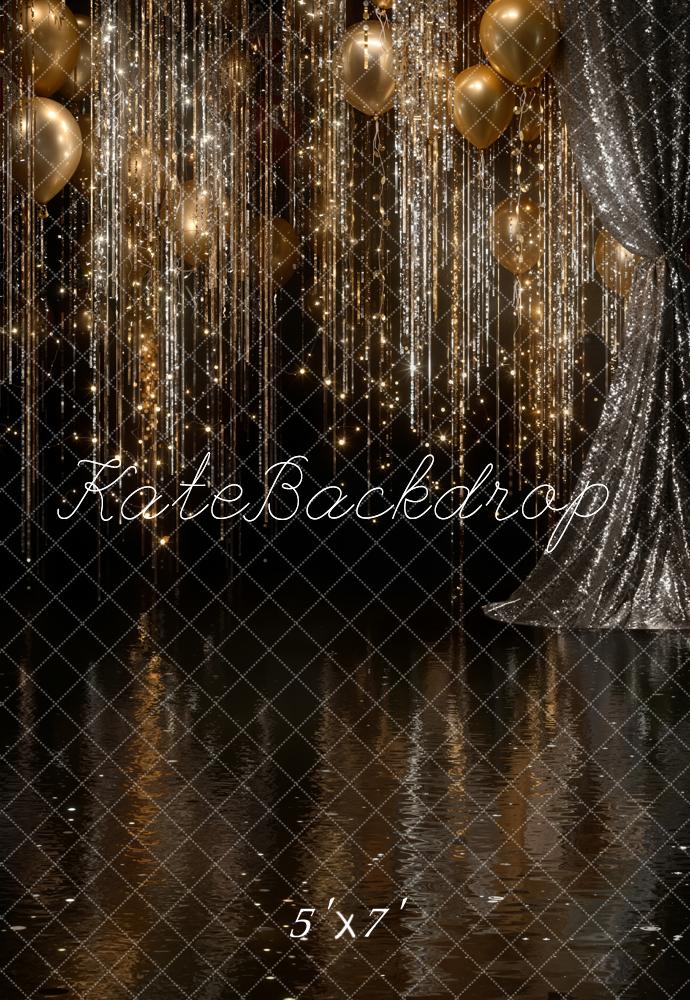 Kate New Year Gold Balloons Glittering Streamers Sequin Curtains Black Backdrop Designed by Emetselch