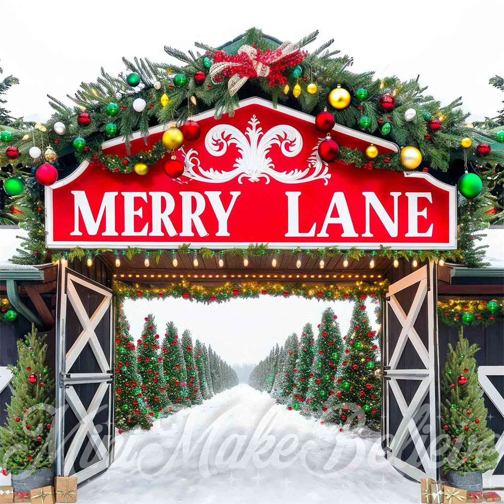 Kate Winter Christmas Red Merry Lane Sign Forest Gate Backdrop Designed by Mini MakeBelieve