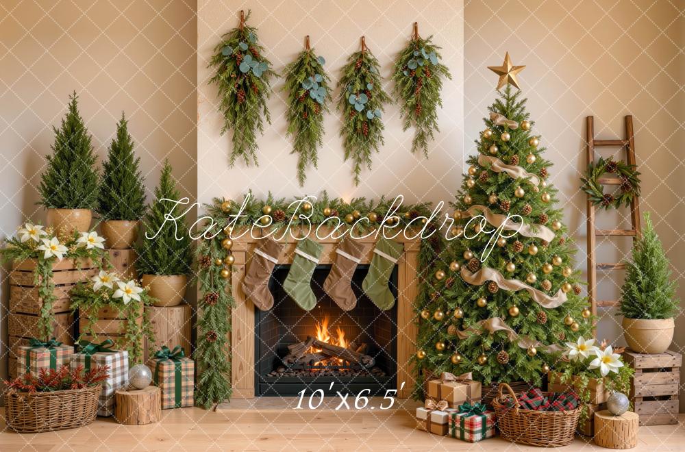 Kate Christmas Tree Rustic Fireplace Greenery Stockings Gifts Printed Backdrop Designed by Mini MakeBelieve
