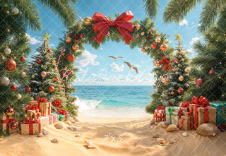 Kate Christmas Beach Tree Arch Gifts Bow Printed Backdrop Designed by Emetselch