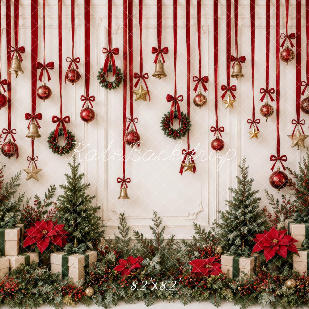 Kate Christmas Red Ribbon Bells Ornaments Greenery Gifts Printed Backdrop Designed by Patty Roberts