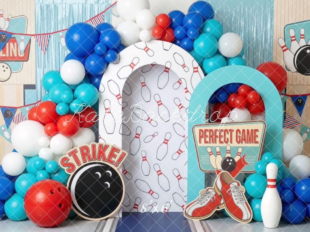 Kate Cake Smash Bowling Alley Pins Balloons Red Blue Printed Backdrop Designed by Mini MakeBelieve