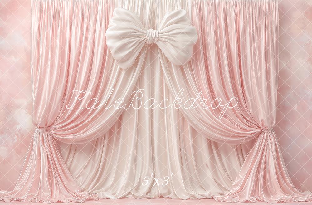 Kate Elegant Pink Draped Curtains Large Bow Printed Backdrop Designed by Angela Miller