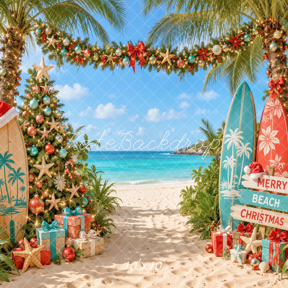 Kate Christmas Beach Surfboards Palm Trees Printed Backdrop Designed by Emetselch