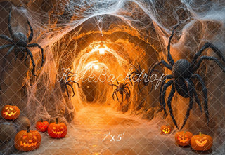 Kate Halloween Spiders Web Cave Pumpkins Lanterns Printed Backdrop Designed by Emetselch