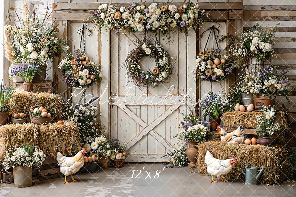 Kate Easter Rustic White Barn Chicken Hay Eggs Flowers Backdrop Designed by Emetselch