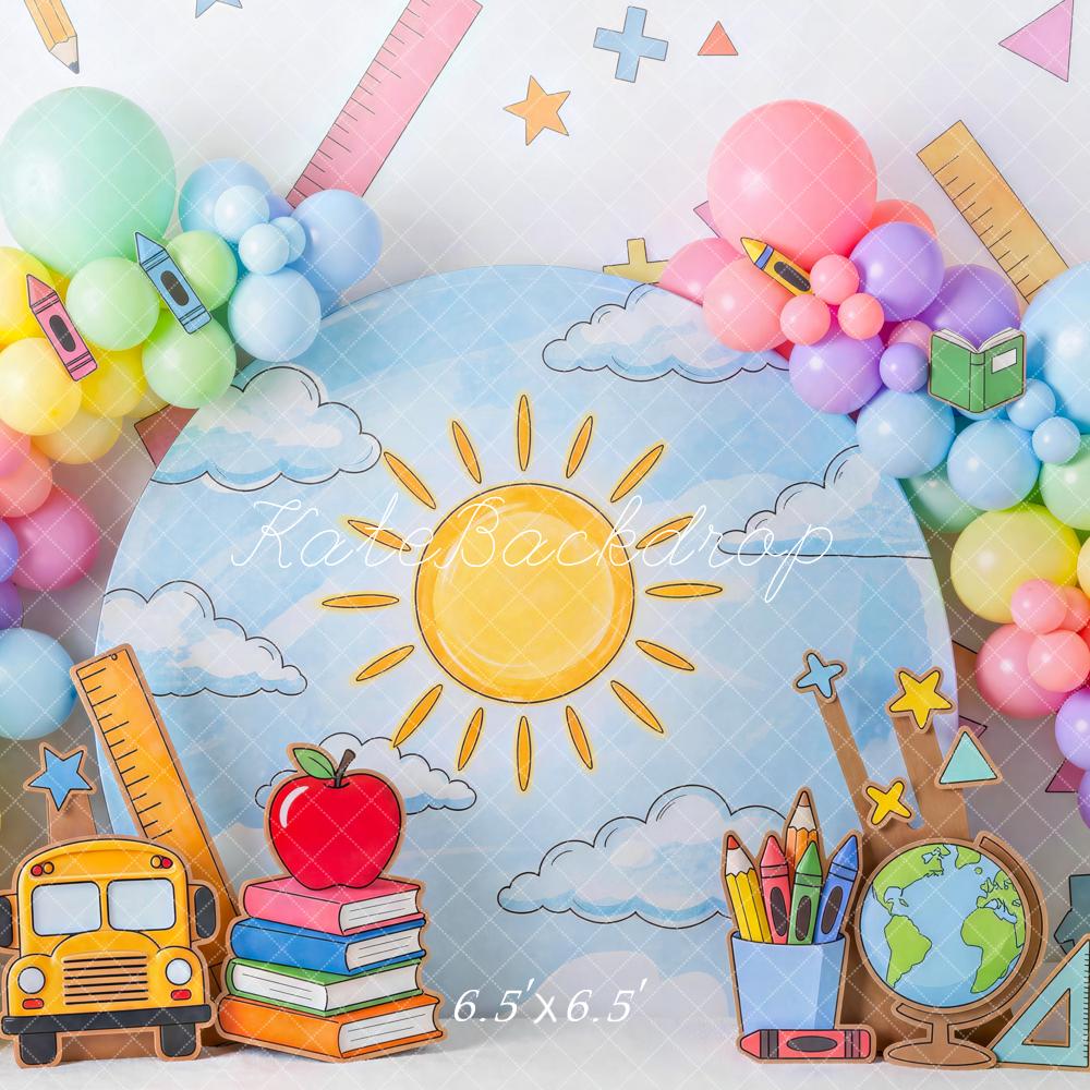 Kate Back To School Colorful Balloon Arch School Supplies Printed Backdrop Designed by Mini MakeBelieve
