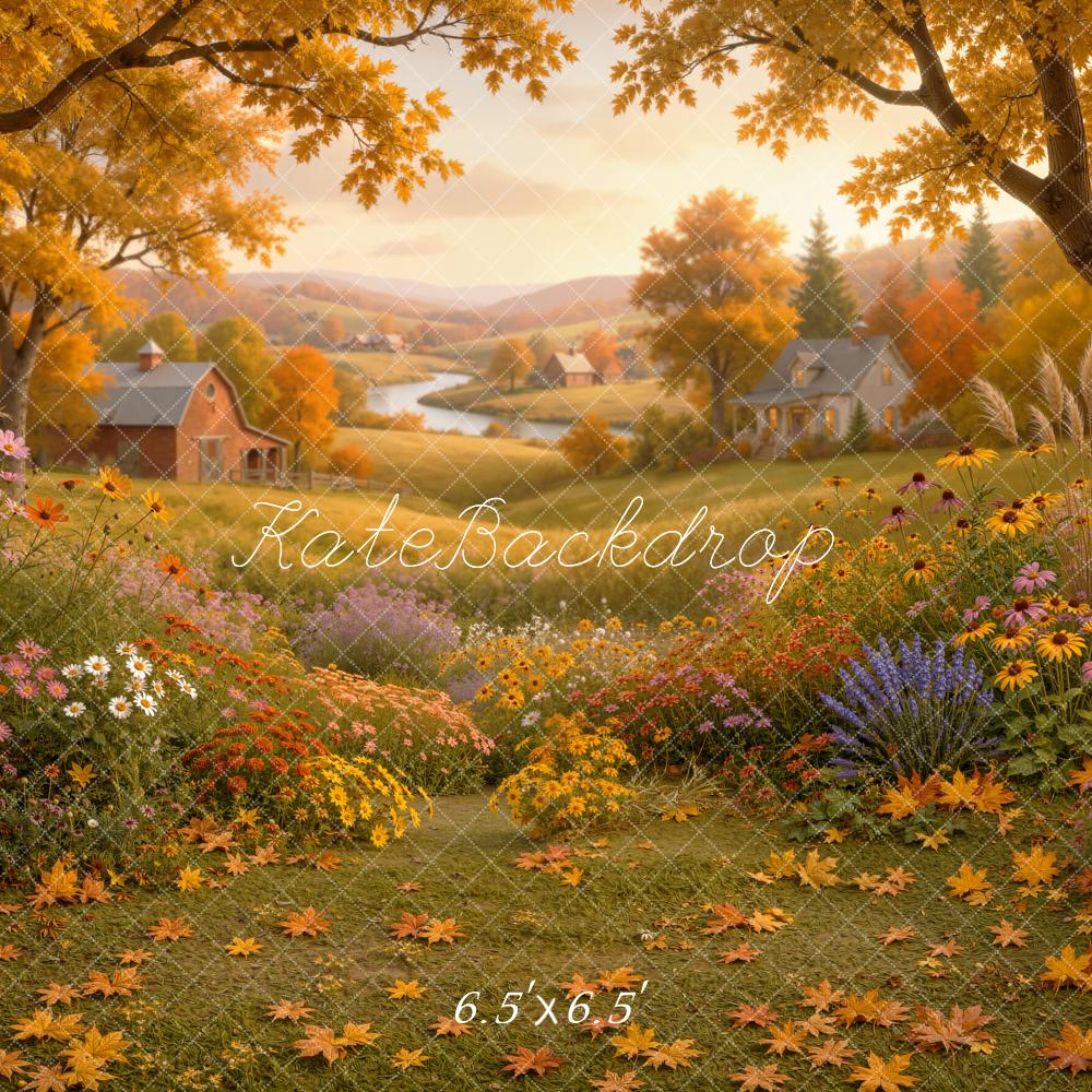 Kate Fall Countryside Golden Village Flower Meadow Printed Backdrop Designed by Emetselch